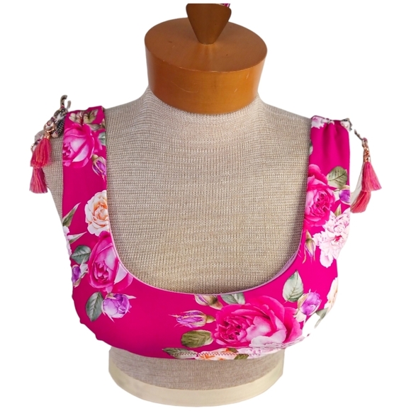 Size 8 Nanette Lepore Bikini Top Floral Neon Pink Tassels NWT Spring - Picture 1 of 11